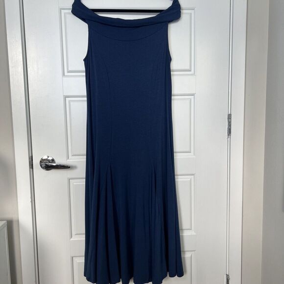 Chalet Bamboo & Cotton Off Shoulder Navy Blue Midi Dress Size Medium USA Made - Picture 1 of 5
